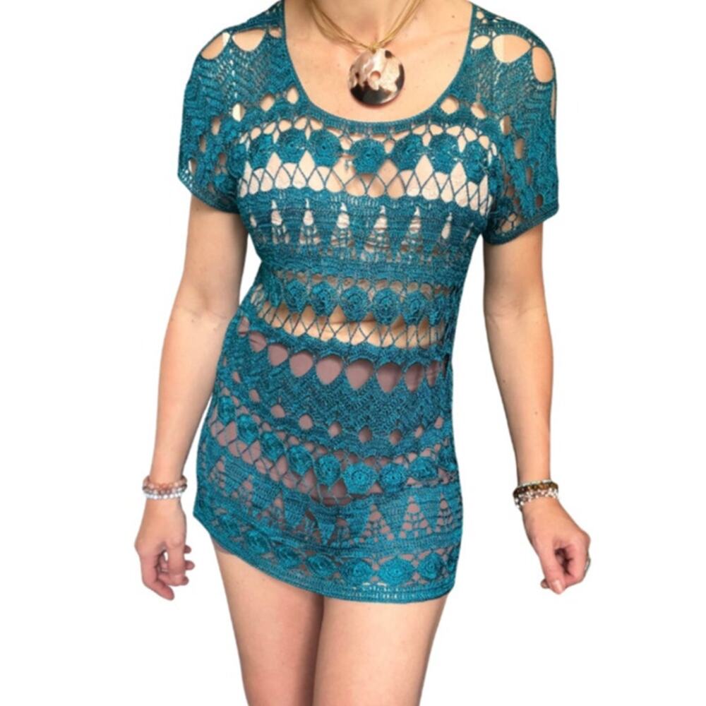 teal crochet dress / mermaidcore / beach cover up / festival layering piece